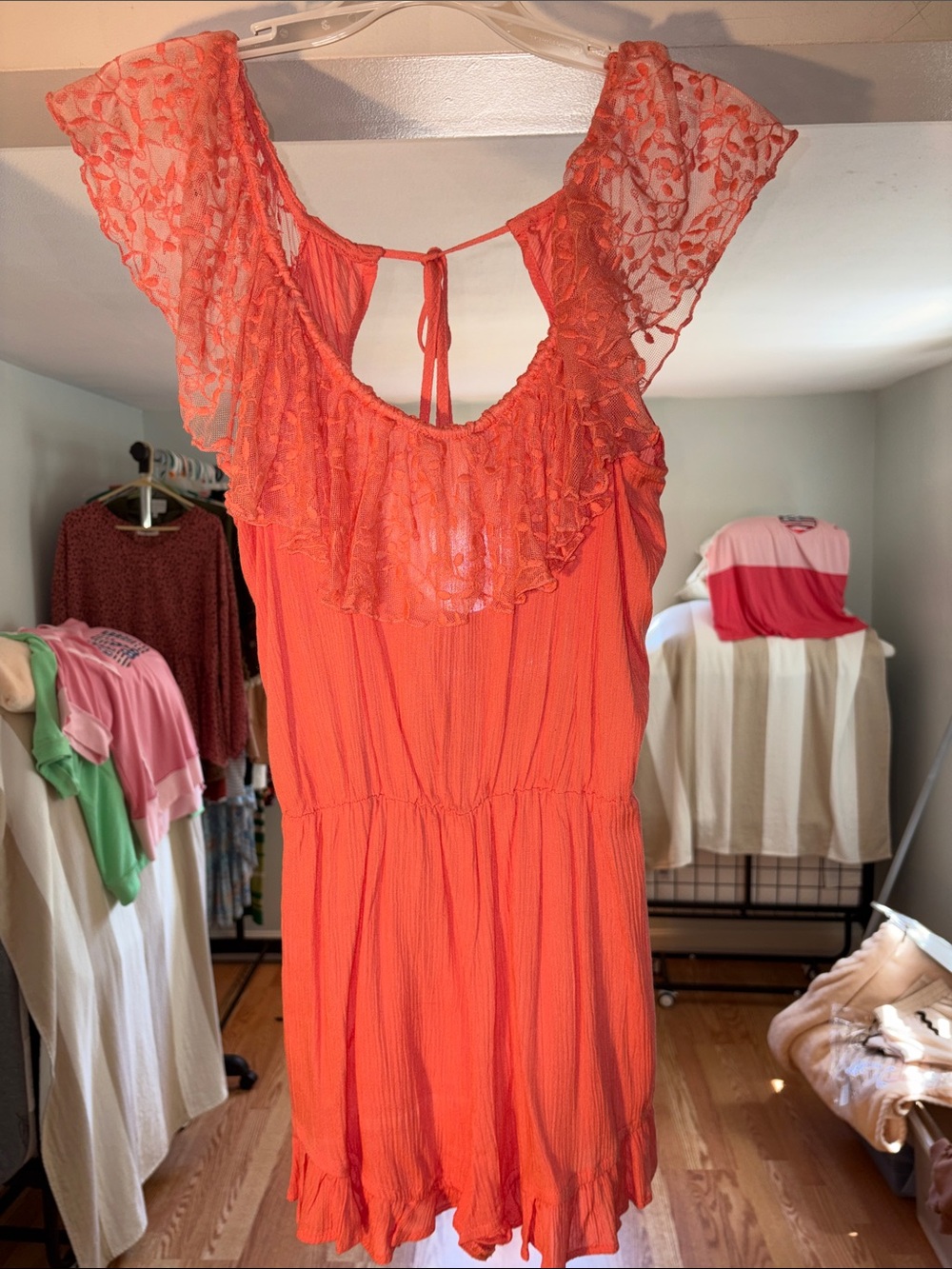 Bright Coral Lace-Ruffle Romper like new sz M